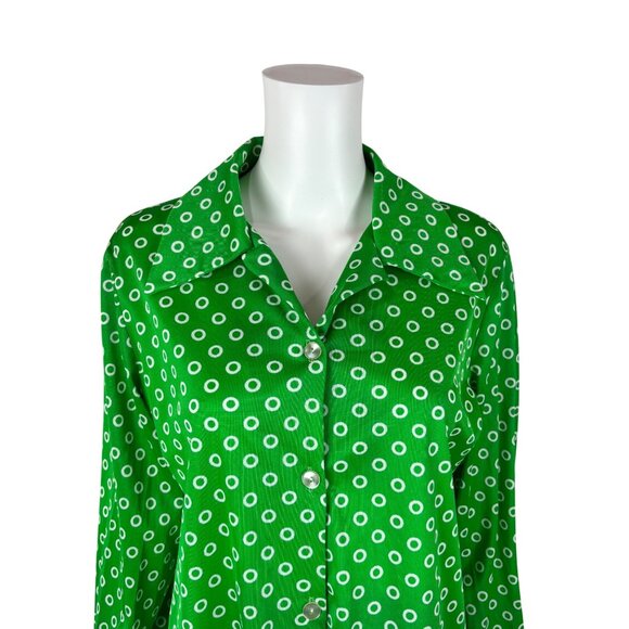 Vintage 70s Circle Top Women's XL Green Shiny Swim Cover Up Long Sleeve Shirt - Picture 3 of 10
